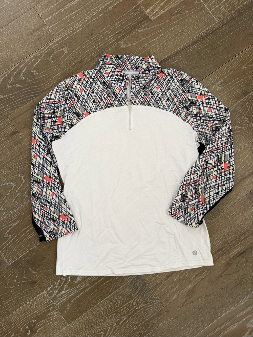 Women's White Quarter-Zip Long Sleeve Pullover with Patterned Sleeves